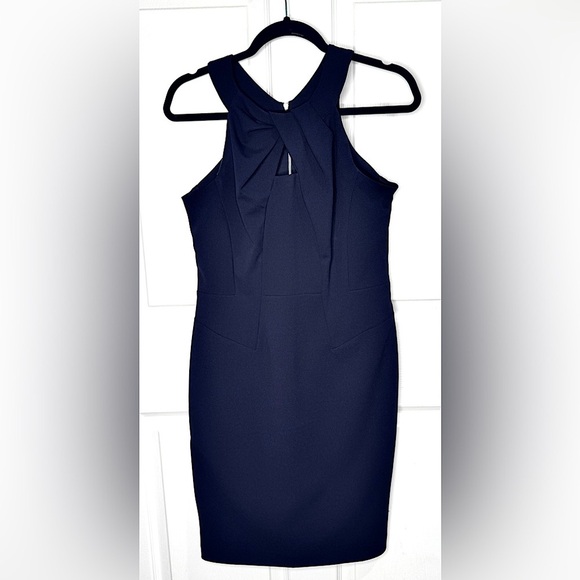 EUC NY&Co. Navy Blue Pleated Neck Sleeveless Dress Size S. Back Silver Full Zip - Picture 1 of 9